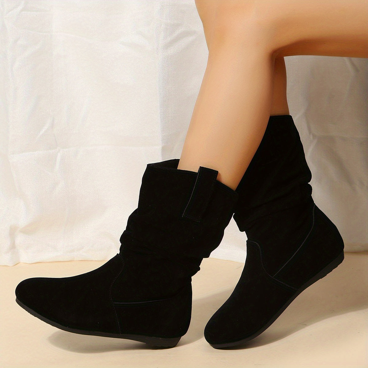 Jacy Women's Ankle Boots | Soft Black Suede with Pleat Details 2