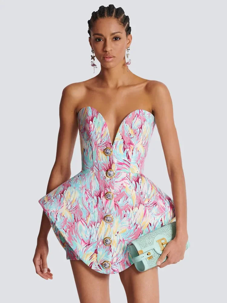 LEONTINA | Sculptural Strapless Mini Dress with Abstract Print 0