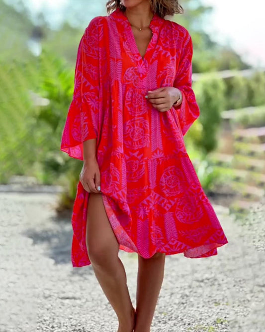 LIVIA | Boho Dress with Three-Quarter Sleeves and Geometric Print 0