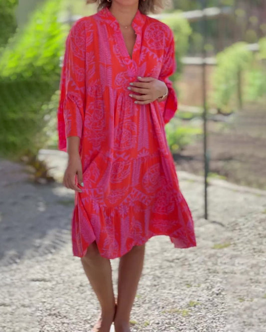 LIVIA | Boho Dress with Three-Quarter Sleeves and Geometric Print 1