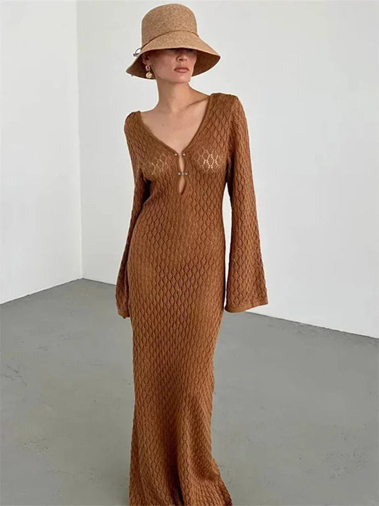 LYSSA | Knitted and Crocheted Beach Dress with V-Neck and Open Back 0