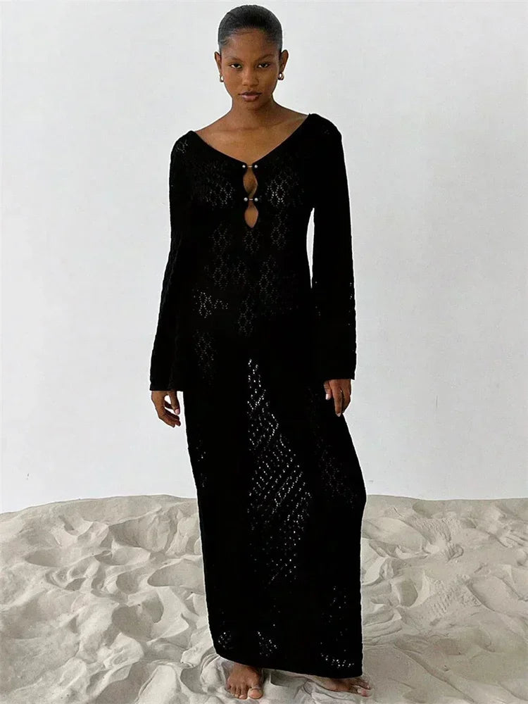 LYSSA | Knitted and Crocheted Beach Dress with V-Neck and Open Back 10