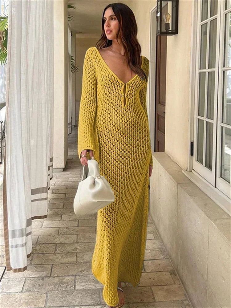 LYSSA | Knitted and Crocheted Beach Dress with V-Neck and Open Back 12