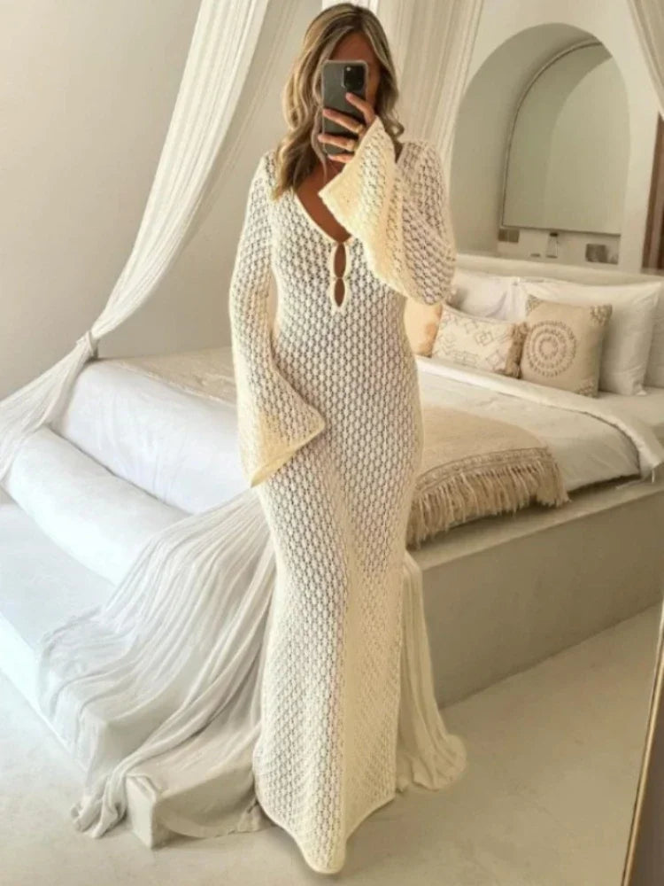 LYSSA | Knitted and Crocheted Beach Dress with V-Neck and Open Back 2