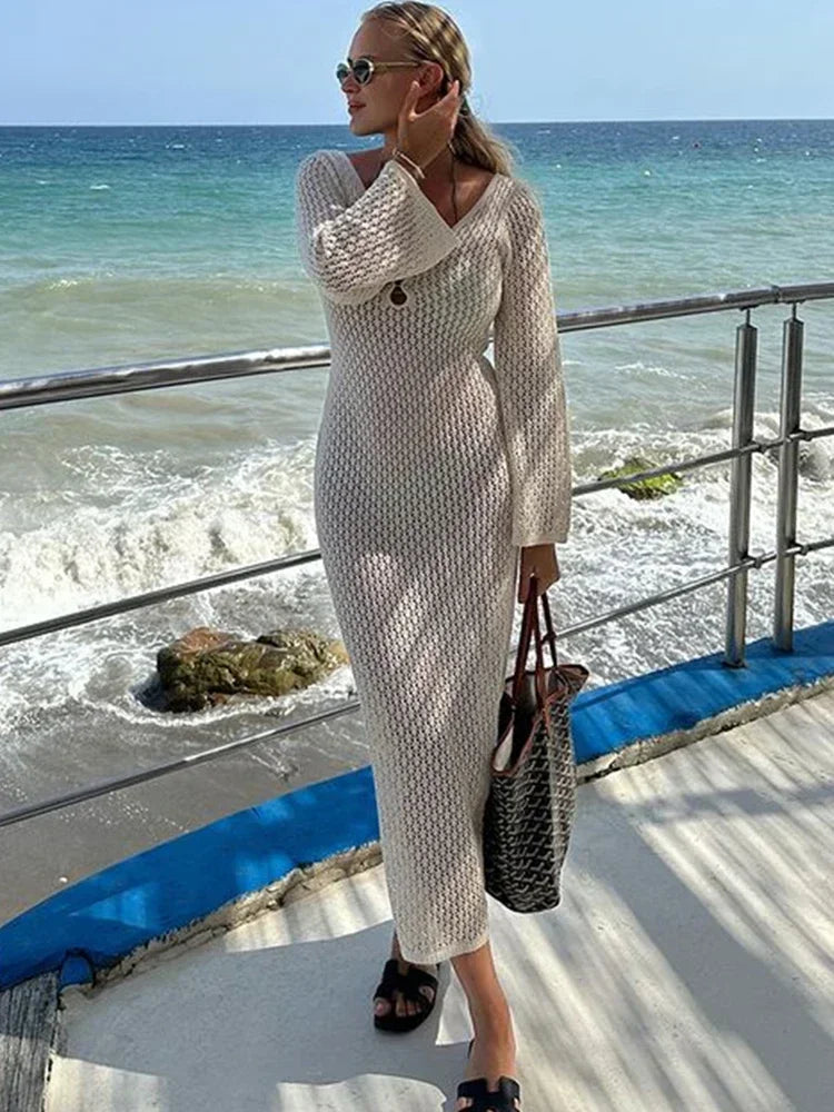 LYSSA | Knitted and Crocheted Beach Dress with V-Neck and Open Back 4