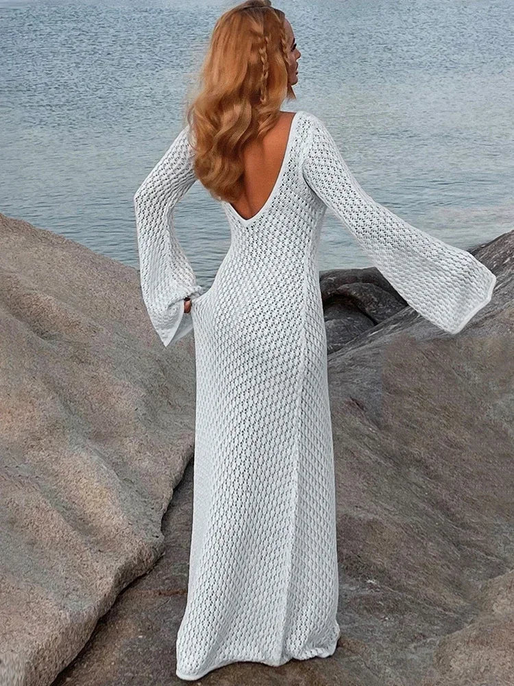 LYSSA | Knitted and Crocheted Beach Dress with V-Neck and Open Back 6