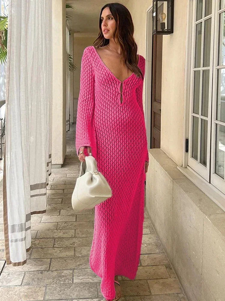 LYSSA | Knitted and Crocheted Beach Dress with V-Neck and Open Back 7