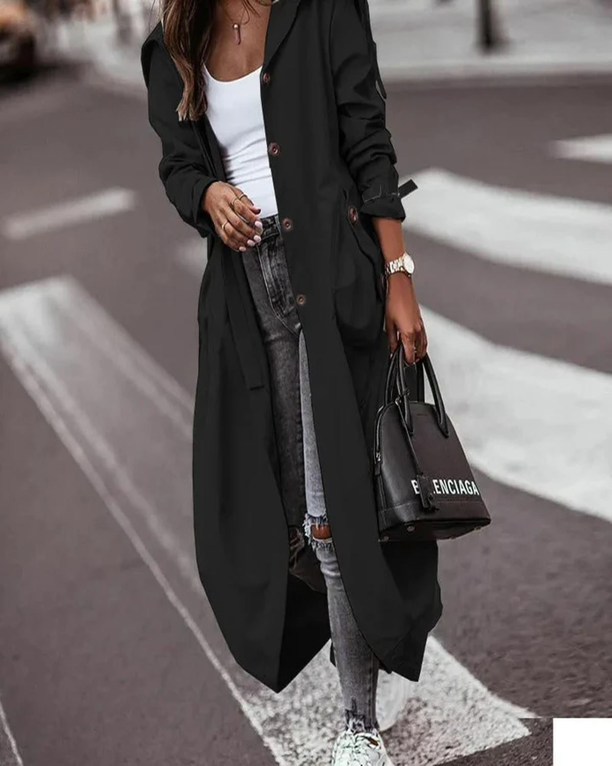 Lina Women's Trench Coat | Waterproof With Hood, Long Trench Coat Women Black 0