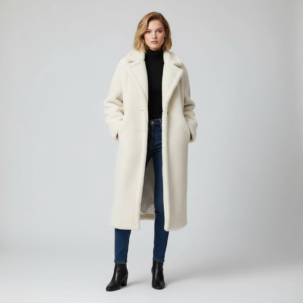 Long Women's Winter Coat Made of Soft Teddy Fabric with Lapel Collar and Side Pockets for Extra Warmth and Comfort 1