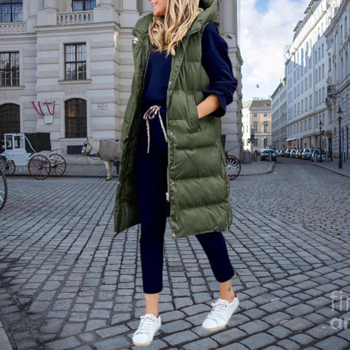 Luna Women's Long Padded Vest | Quilted, Hooded Design 0
