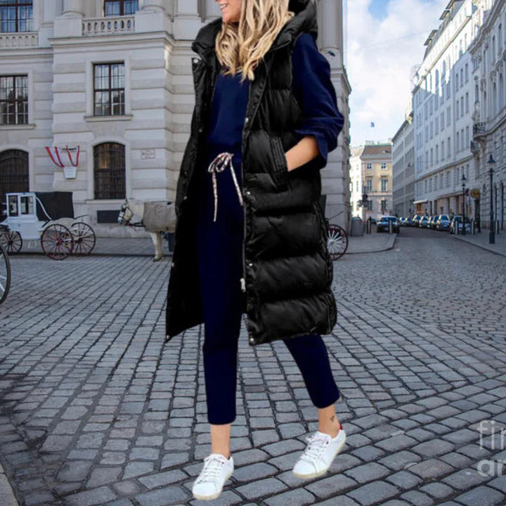 Luna Women's Long Padded Vest | Quilted, Hooded Design 2