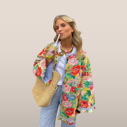 MIRELLA | Quilted floral coat with wooden buttons 1