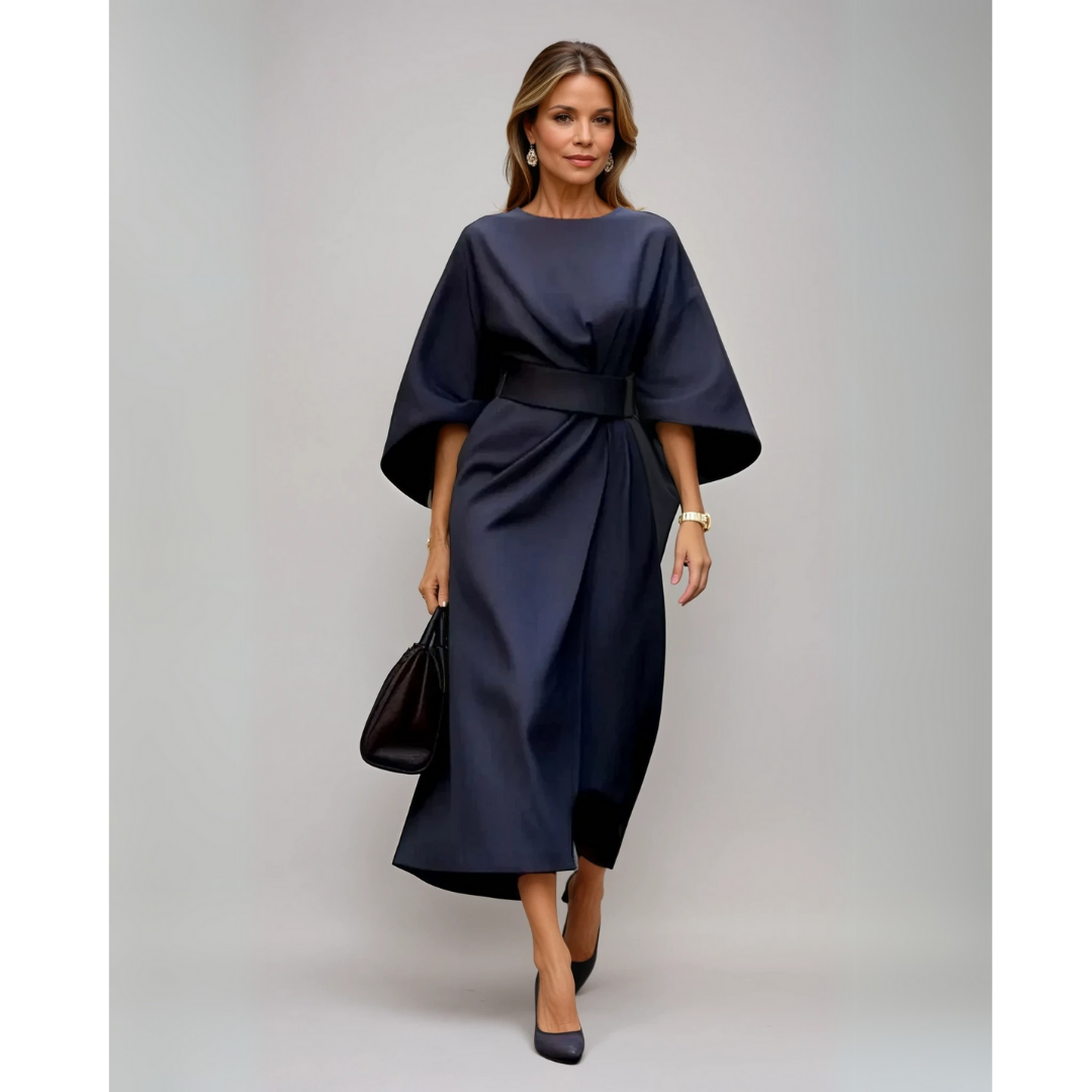 Maelina | Midi Dress with Lantern Sleeves and Elegant Waist Belt 0
