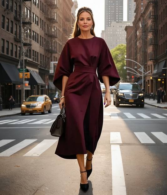 Maelina | Midi Dress with Lantern Sleeves and Elegant Waist Belt 1