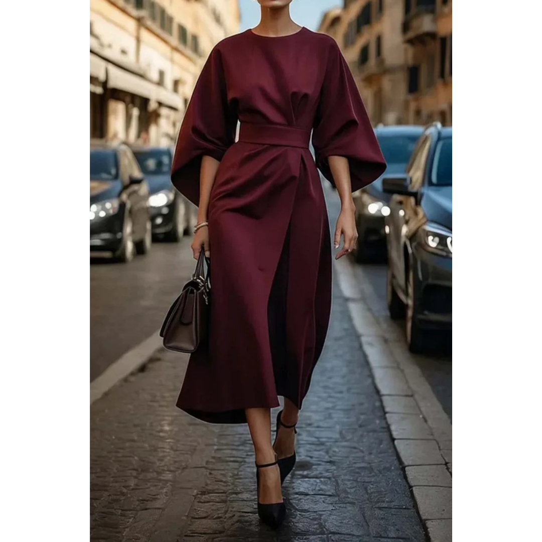 Maelina | Midi Dress with Lantern Sleeves and Elegant Waist Belt 2