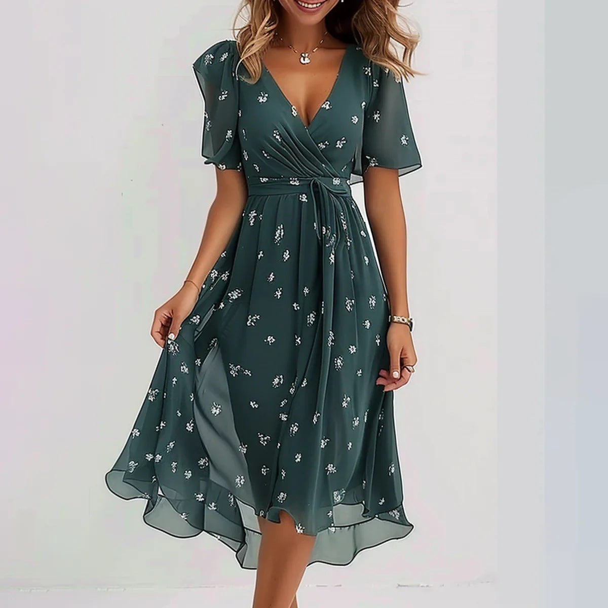 Mirellia | Midi Wrap Dress with Print and Butterfly Sleeves 3