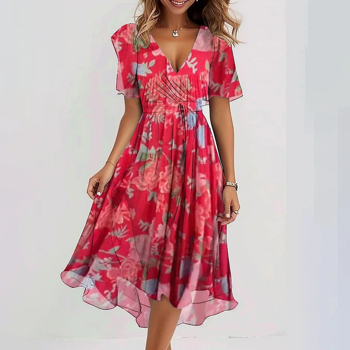 Mirellia | Midi Wrap Dress with Print and Butterfly Sleeves 4