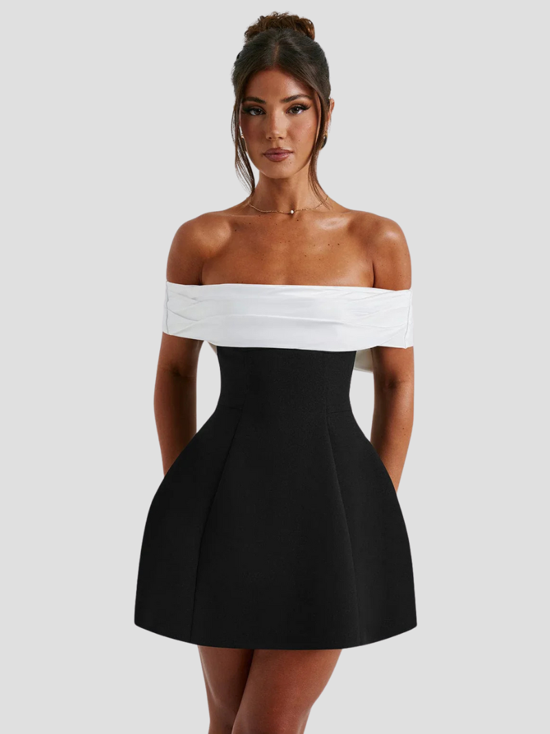 NOIRÉLLE | Black and white mini dress with bow detail and Bardot neckline 0