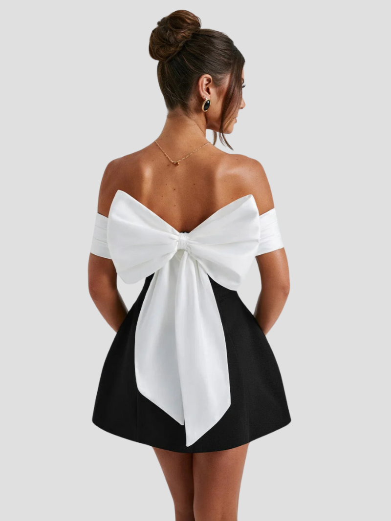 NOIRÉLLE | Black and white mini dress with bow detail and Bardot neckline 1