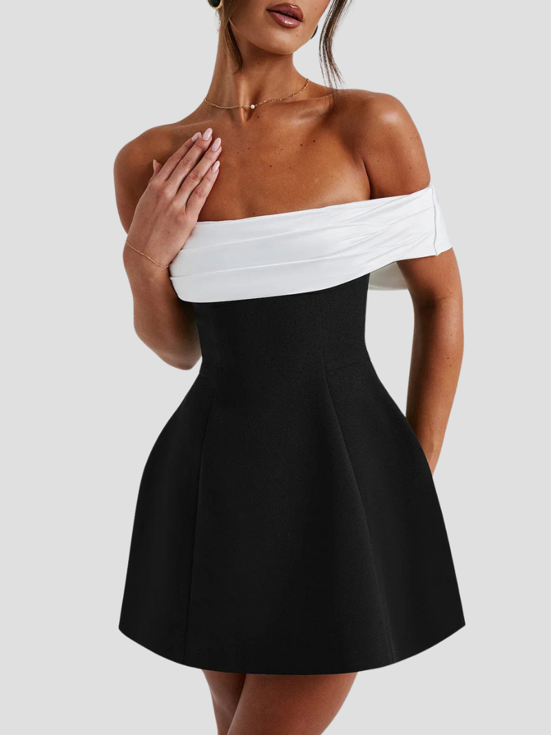 NOIRÉLLE | Black and white mini dress with bow detail and Bardot neckline 3