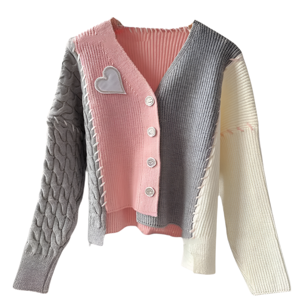 PIXIE | Asymmetrical cardigan with heart appliqué and color accents 4