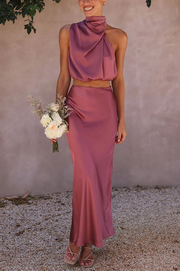 SALVINA | Satin Two-Piece Set with Halter Top & Flowing Maxi Skirt 13