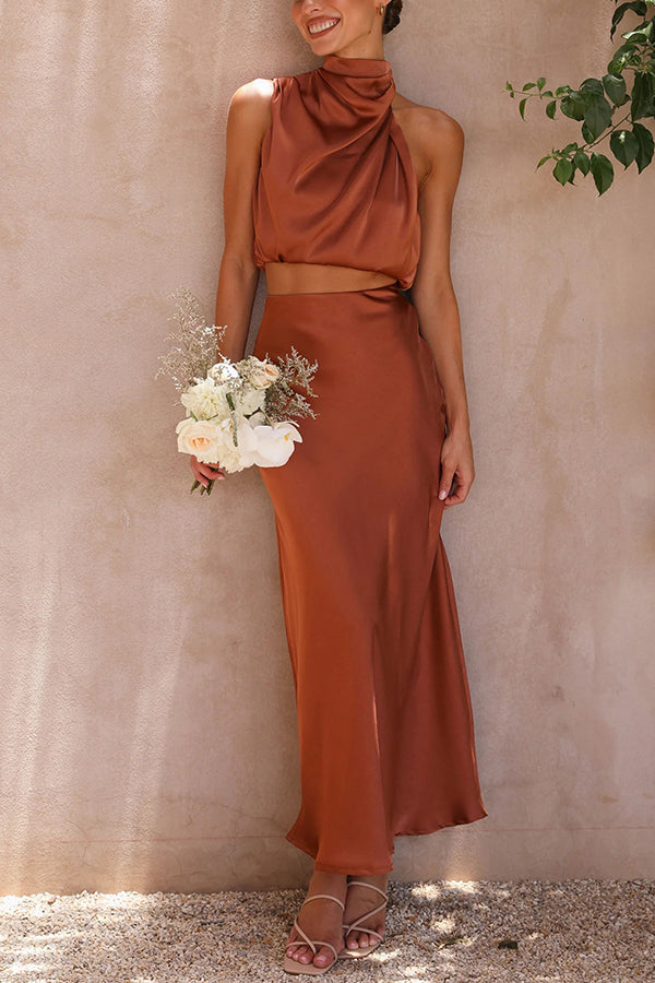 SALVINA | Satin Two-Piece Set with Halter Top & Flowing Maxi Skirt 14