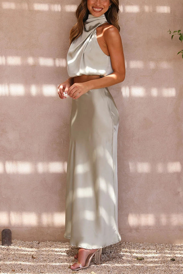 SALVINA | Satin Two-Piece Set with Halter Top & Flowing Maxi Skirt 4