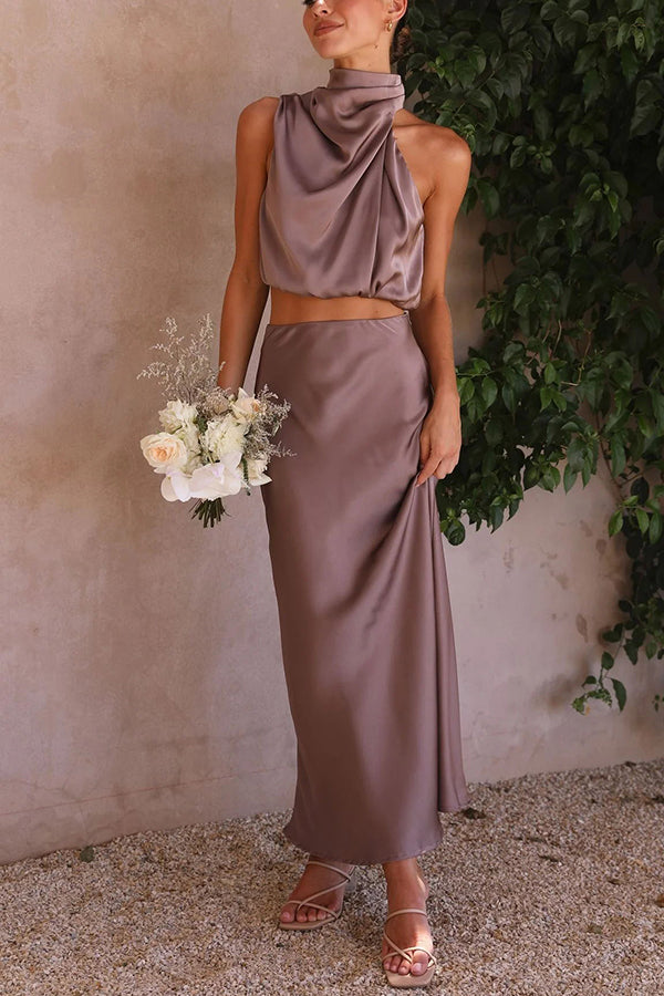 SALVINA | Satin Two-Piece Set with Halter Top & Flowing Maxi Skirt 9
