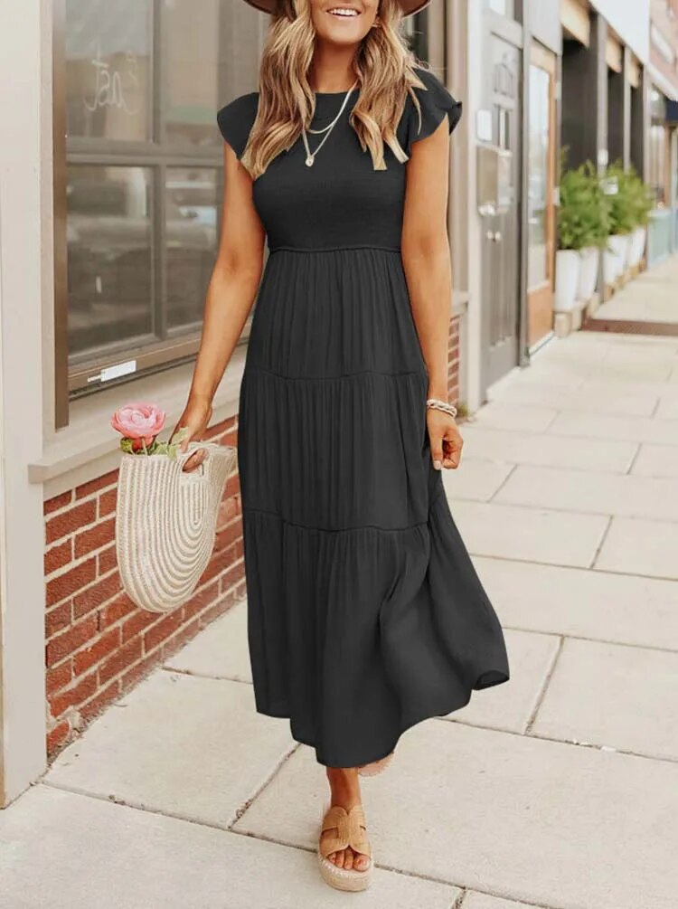 SELINA | Summer dress with ruffled shoulders and accentuated waist 2