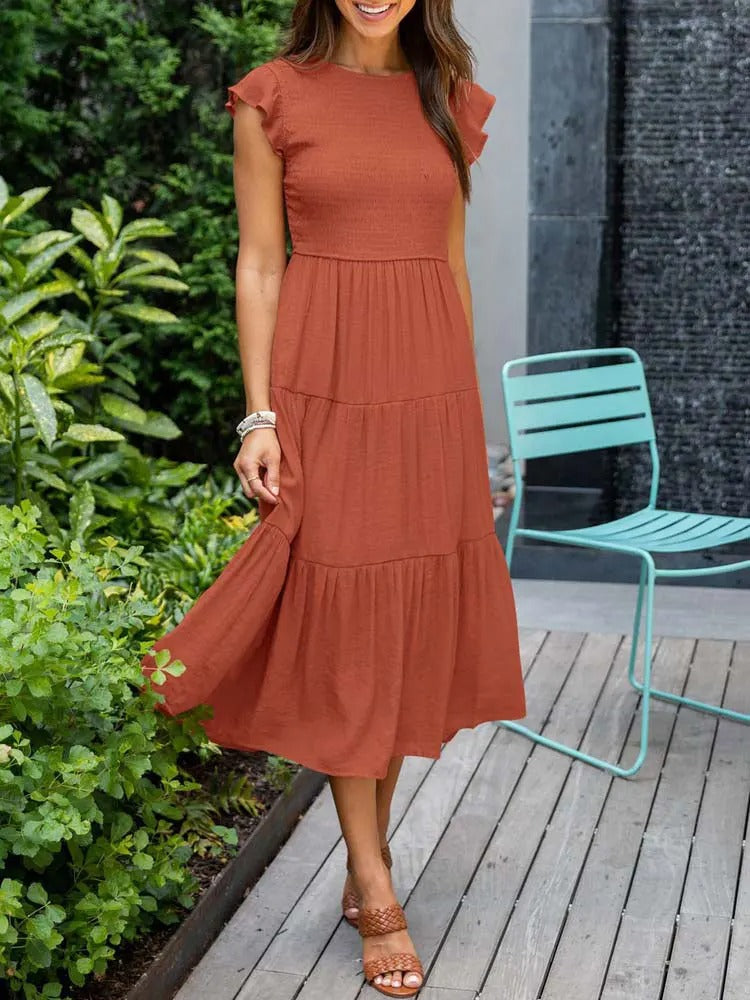 SELINA | Summer dress with ruffled shoulders and accentuated waist 5