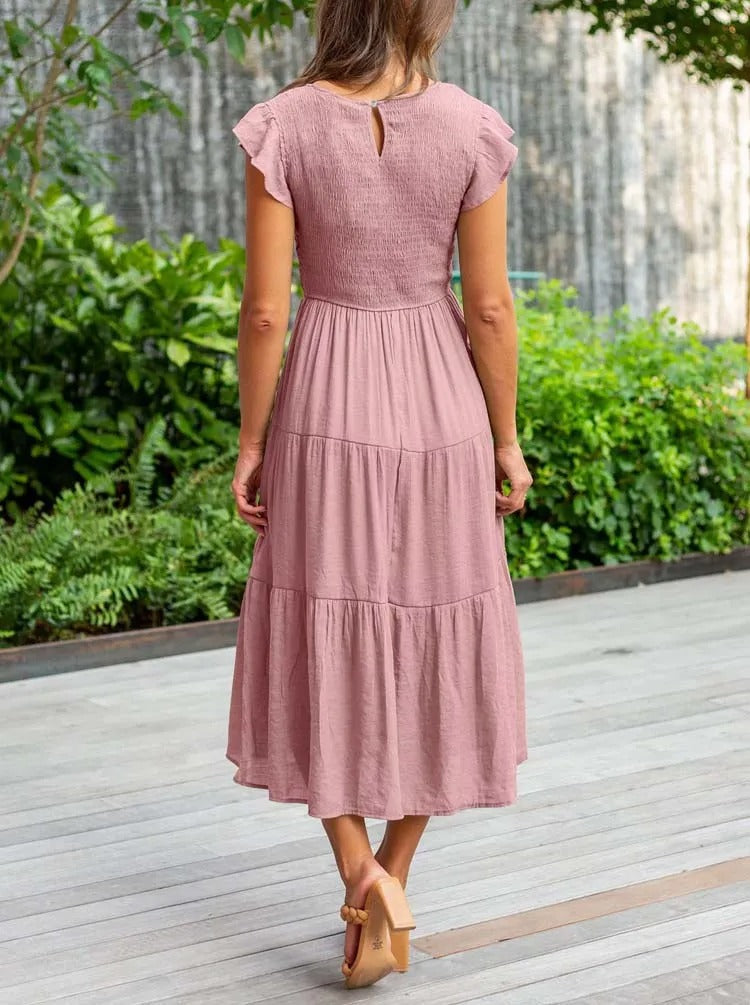 SELINA | Summer dress with ruffled shoulders and accentuated waist 8