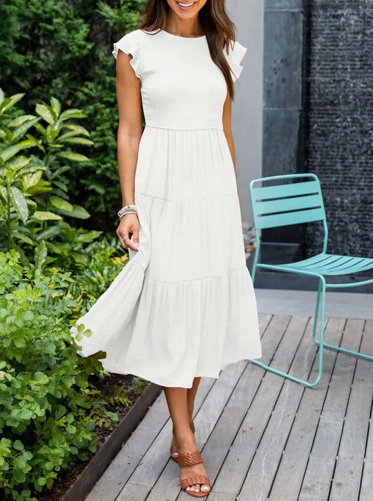 SELINA | Summer dress with ruffled shoulders and accentuated waist 9