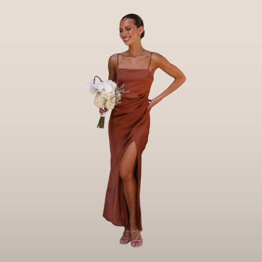 SERÉNA | Satin evening dress with high slit and spaghetti straps 1
