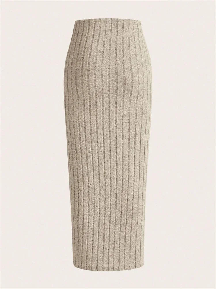 SYRENE | High-waisted ribbed knit midi pencil skirt 4