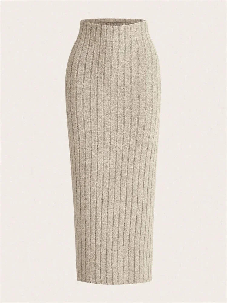 SYRENE | High-waisted ribbed knit midi pencil skirt 5
