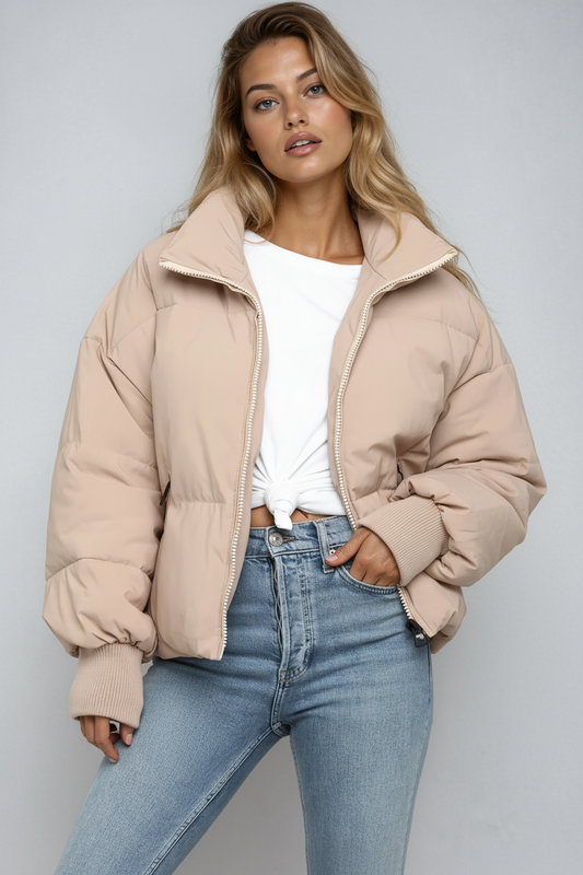 Short Padded Women's Jacket with High Collar and Zipper – Trendy Puffer Jacket for Winter and Autumn 0
