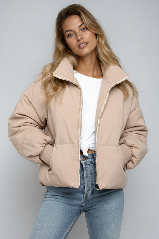 Short Padded Women's Jacket with High Collar and Zipper – Trendy Puffer Jacket for Winter and Autumn 1