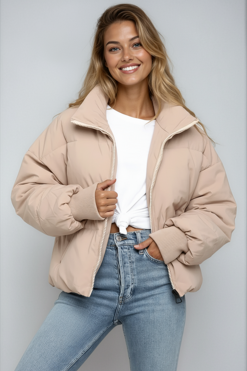 Short Padded Women's Jacket with High Collar and Zipper – Trendy Puffer Jacket for Winter and Autumn 2
