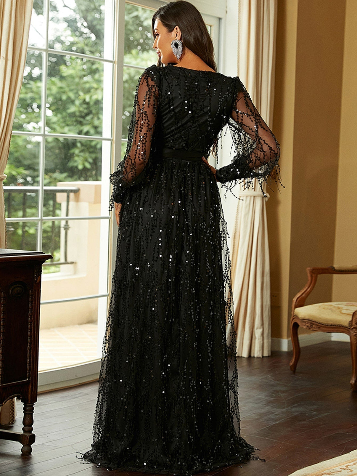 Soraya Noire | Black Sequin Long-Sleeved Evening Gown 4