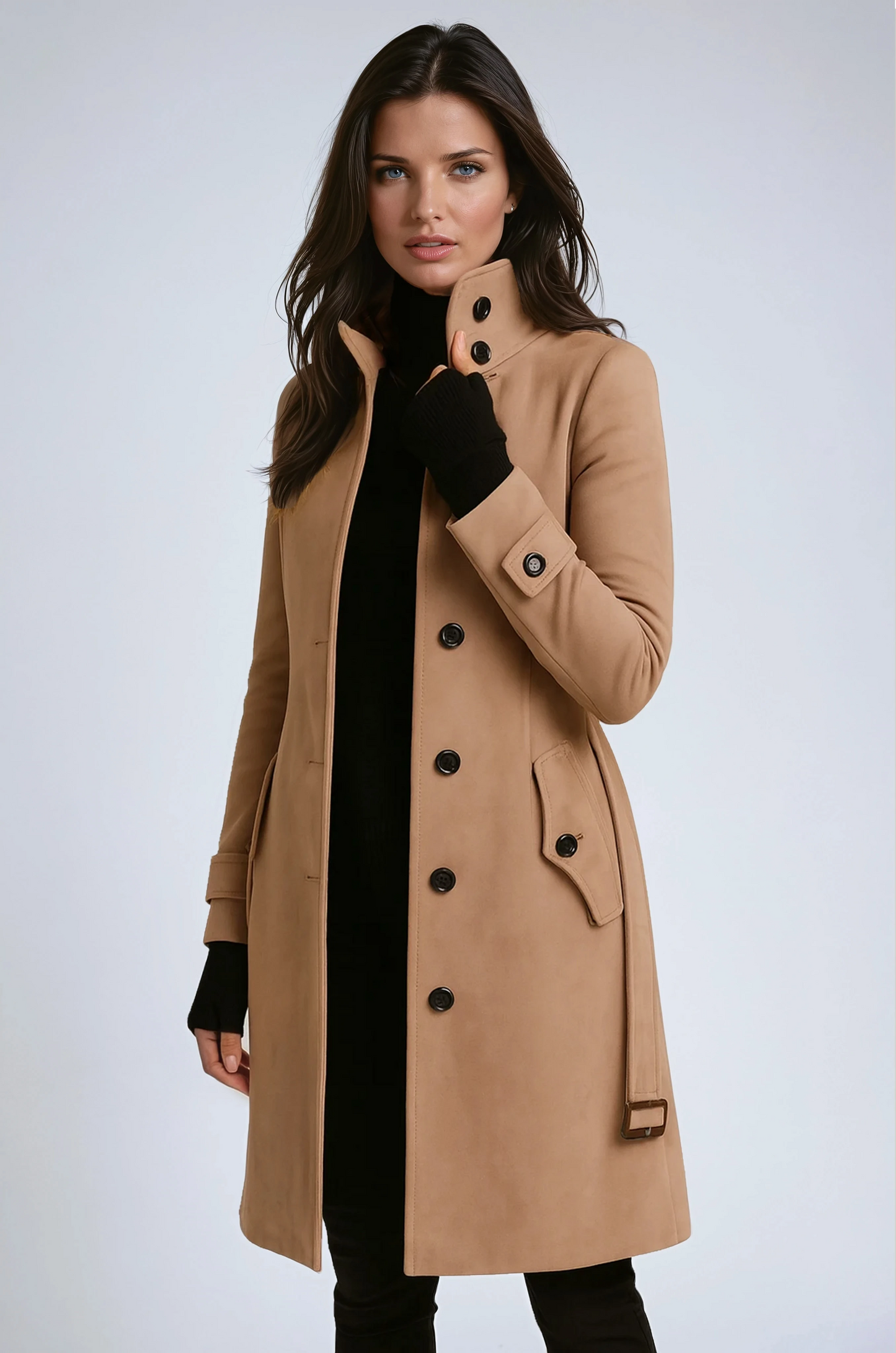 Stylish Long Women's Coat with High Collar – Elegant Winter Coat for Cold Months 0