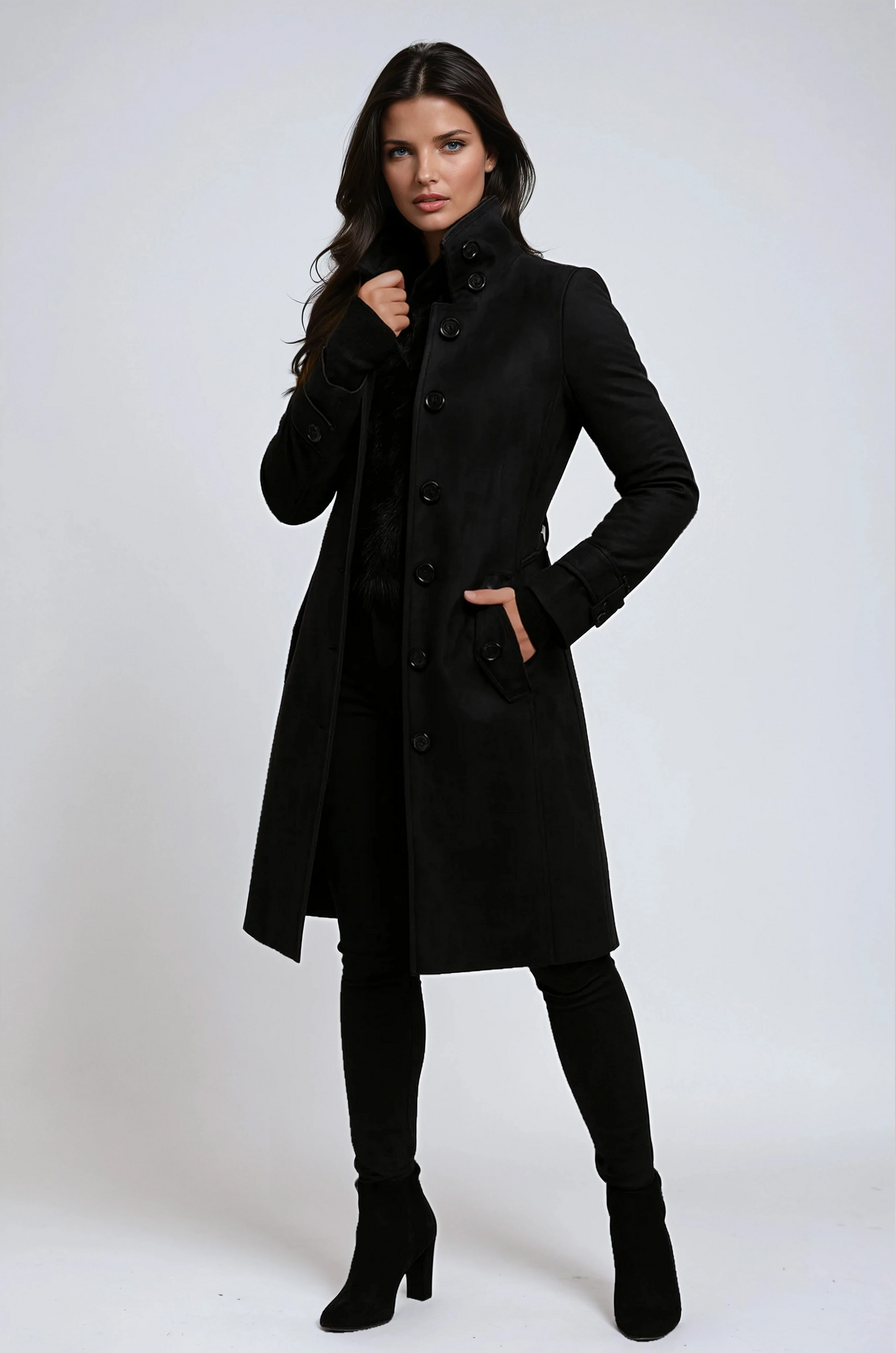 Stylish Long Women's Coat with High Collar – Elegant Winter Coat for Cold Months 1