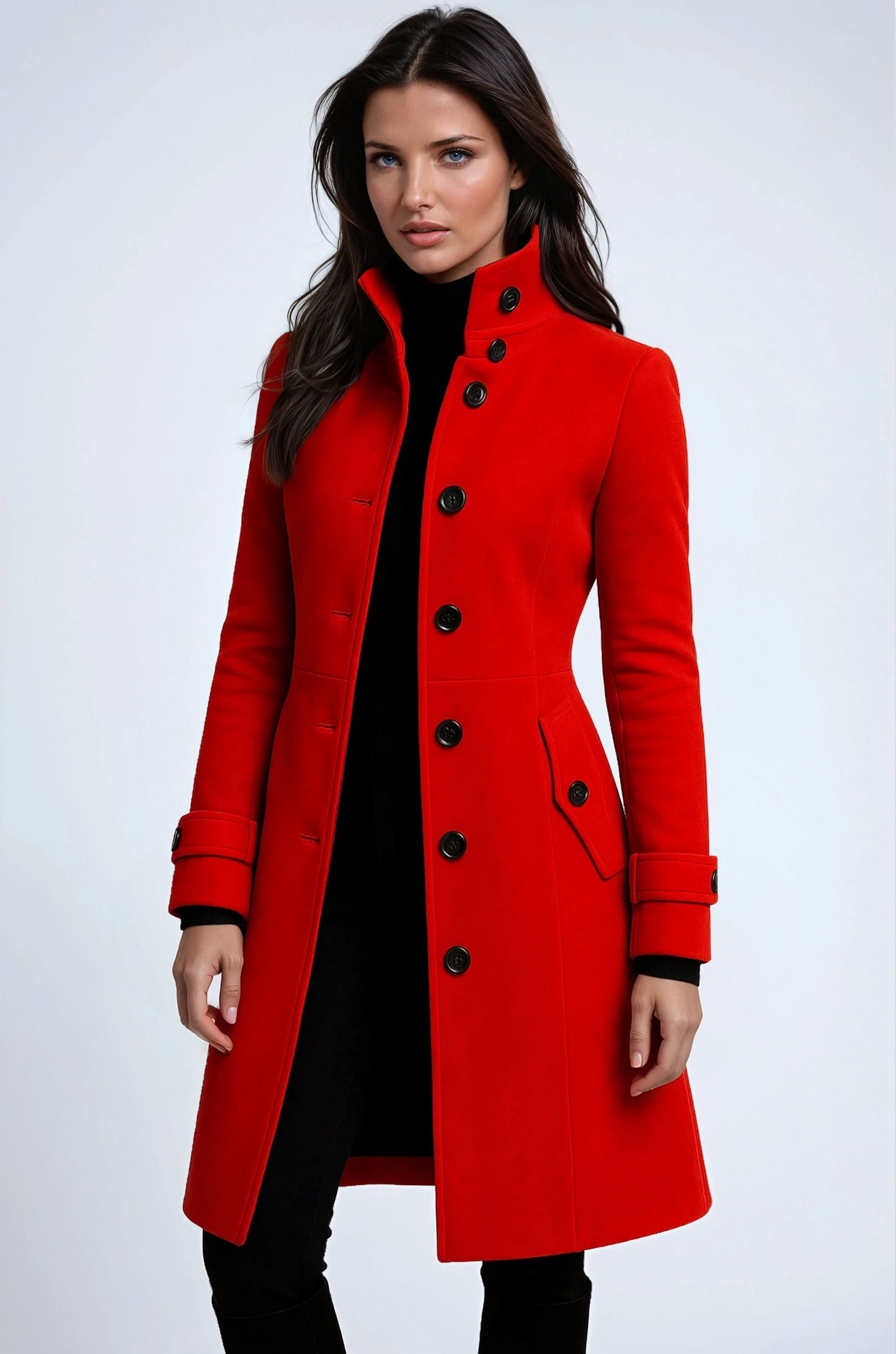 Stylish Long Women's Coat with High Collar – Elegant Winter Coat for Cold Months 2