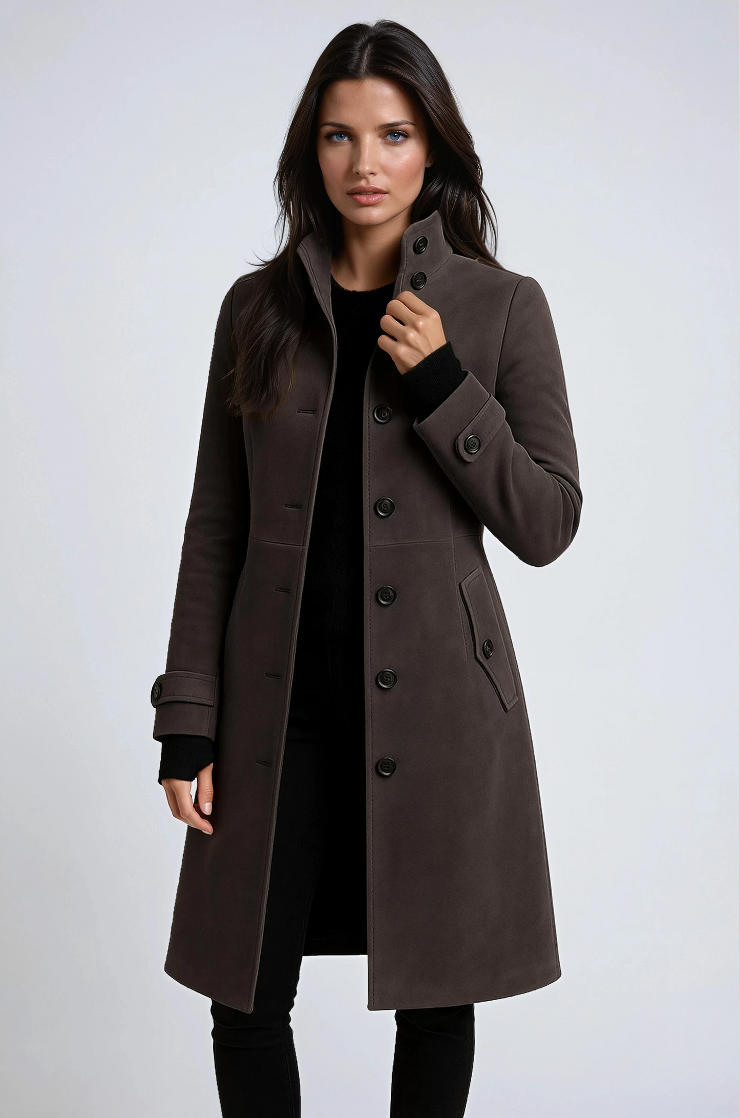 Stylish Long Women's Coat with High Collar – Elegant Winter Coat for Cold Months 3