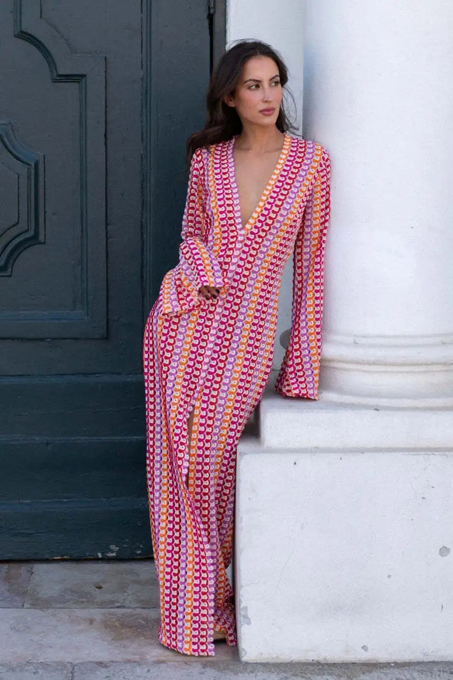 Sunset Spirit – Colorful Crocheted Maxi Dress with Slit 6