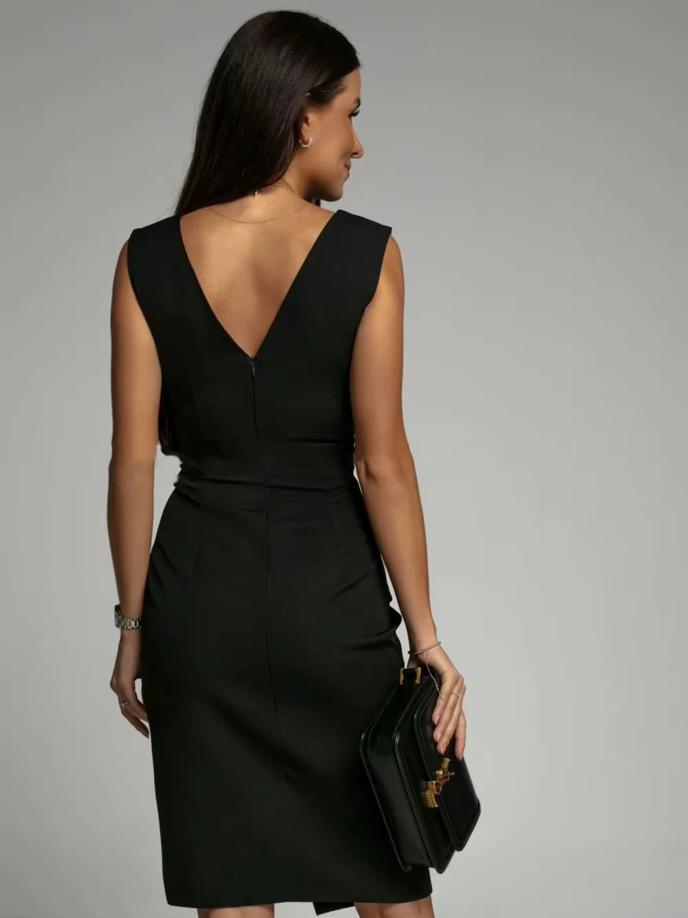 VIRELIA | Women's cocktail dress with V-neck and slit – Sleeveless midi evening dress 2