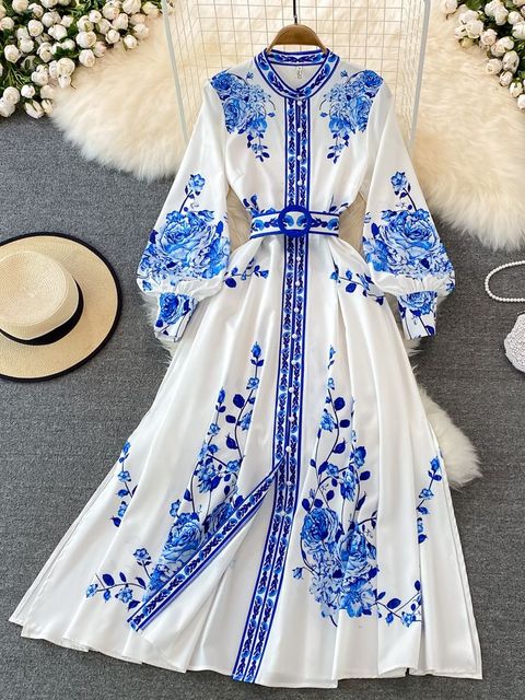 Wendy Long Dress Women | Polyester, Floral Print with Lantern Sleeves 0