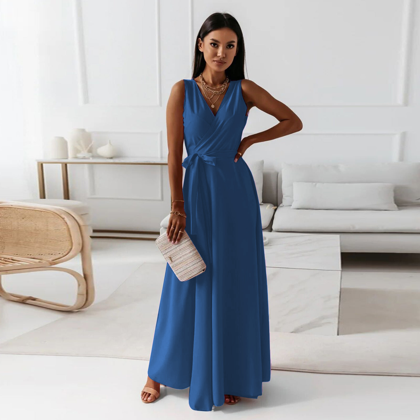 Wille Women's Long Dress | Elegant V-neck, Dark Green Maxi Dress 1
