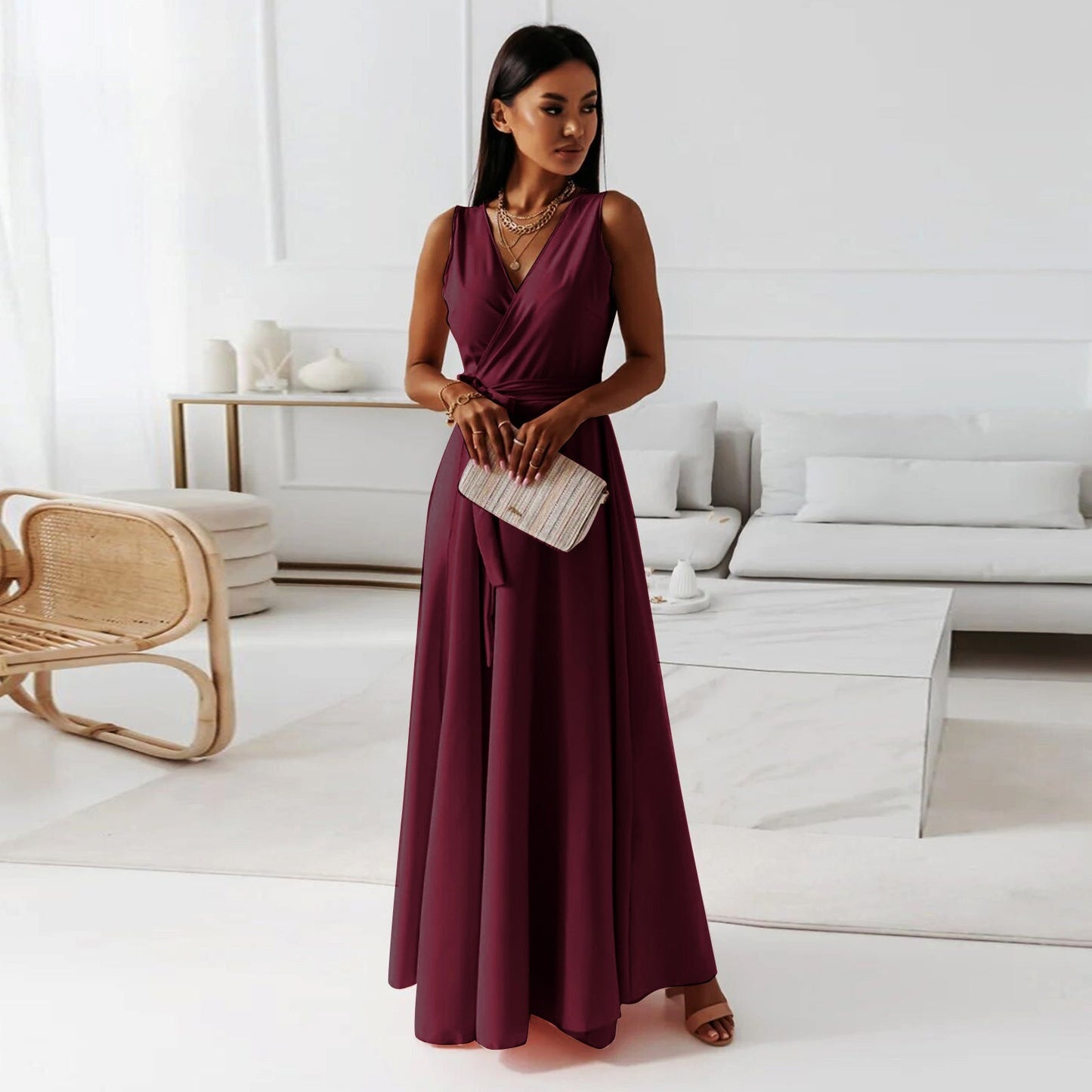 Wille Women's Long Dress | Elegant V-neck, Dark Green Maxi Dress 2
