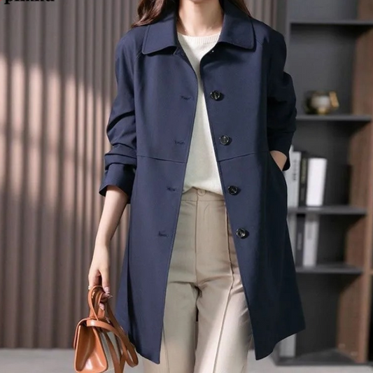 Women's Trench Coat with Button Fastening and Collar – Timeless and Comfortable in Black, Suitable for Spring and Autumn 0